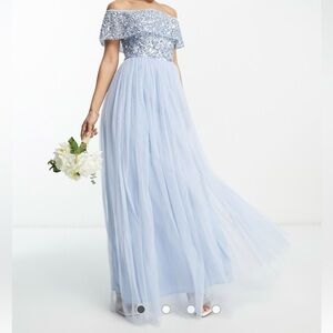 Beauut Bridesmaid bardot embellished maxi dress in light blue